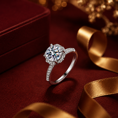 Nhẫn nữ moissanite bạc s925 cao cấp dáng mềm halo, thanh lịch