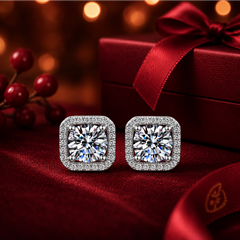 Bông tai bạc 925 đính moissanite 0,5 carat – dáng vuông bo góc viền pavé