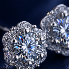 Bông tai bạc 925 đính moissanite – dáng hoa rosette viền halo