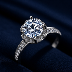 Nhẫn nữ moissanite bạc s925 cao cấp dáng mềm halo, thanh lịch
