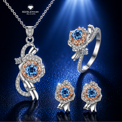 Bộ trang sức bạc 925 đính kim cương Moissanite Hoa Hồng Xanh biển 0,5 Carat