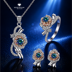 Bộ trang sức bạc 925 đính kim cương Moissanite Hoa Hồng Xanh dương 0,5 Carat