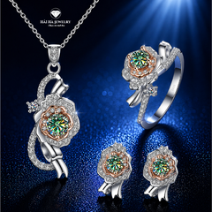 Bộ trang sức bạc 925 đính kim cương Moissanite Hoa Hồng Xanh lá 0,5 Carat