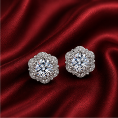 Bông tai bạc 925 đính moissanite – dáng hoa rosette viền halo