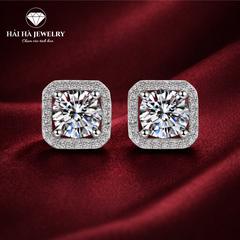 Bông tai bạc 925 đính moissanite 1 carat – dáng vuông bo góc viền pavé