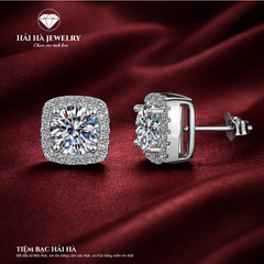 Bông tai bạc 925 đính moissanite 0,5 carat – dáng vuông bo góc viền pavé