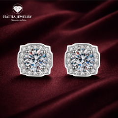 Bông tai bạc 925 đính moissanite 1 carat – dáng vuông viền đá cổ điển