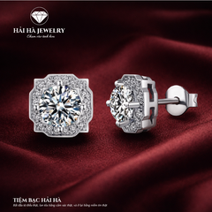 Bông tai bạc 925 đính moissanite 1 carat – dáng vuông viền đá cổ điển
