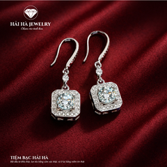 Bông tai nữ bạc 925 đính moissanite – dáng thả vuông, ánh sáng gọn gàng và thanh lịch