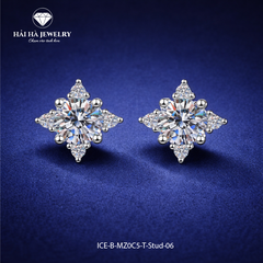 Bông tai bạc 925 đính moissanite dáng hoa – viên trung tâm tròn, ánh sáng dịu | Hải Hà Jewelry