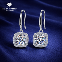 Bông tai bạc 925 đính moissanite 1 carat – dáng vuông treo viền halo