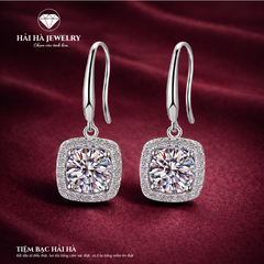 Bông tai bạc 925 đính moissanite 0,5 carat – dáng vuông treo viền halo