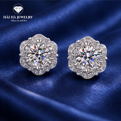 Bông tai bạc 925 đính moissanite – dáng hoa rosette viền halo