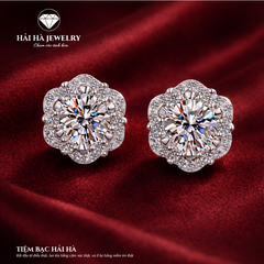 Bông tai bạc 925 đính moissanite – dáng hoa rosette viền halo