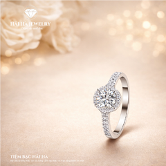 Nhẫn nữ bạc 925 moissanite viền halo tròn – thân nửa đính đá thanh mảnh