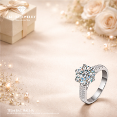 Nhẫn nữ bạc 925 moissanite tròn – thân đính đá tinh giản