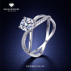 Nhẫn nữ bạc 925 moissanite tròn – thân uốn cong đính đá rãnh mềm mại