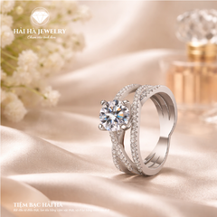 Nhẫn nữ bạc 925 đính moissanite – thiết kế hai vòng ôm tinh tế
