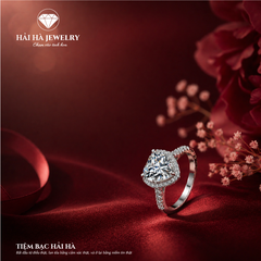 Nhẫn nữ bạc 925 đính moissanite dáng trái tim – halo bao quanh, thân pavé tinh xảo