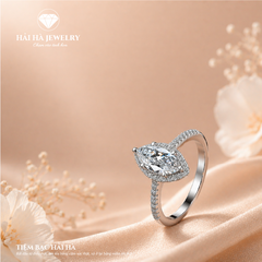 Nhẫn nữ bạc 925 đính moissanite dáng marquise – halo bao quanh, thân nhẫn pavé tinh xảo