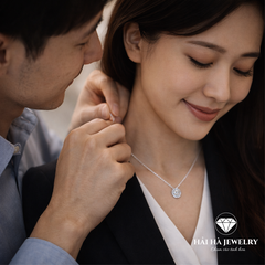 Dây chuyền bạc 925 đính moissanite 1 carat dáng tròn viền halo tinh tế | Hải Hà Jewelry
