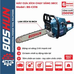 Máy Cưa Xích Chạy Xăng BOSHUN BS-CX16, Lam Xích Dài 16INCH, Bơm Nhớt Tự Động - Động Cơ Xăng 2 Thì 58CC Mạnh Mẽ