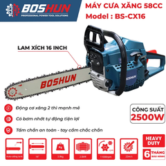 Máy Cưa Xích Chạy Xăng BOSHUN BS-CX16, Lam Xích Dài 16INCH, Bơm Nhớt Tự Động - Động Cơ Xăng 2 Thì 58CC Mạnh Mẽ