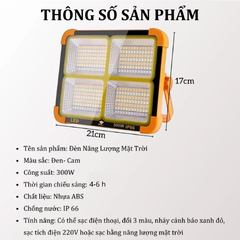 Đèn Năng Lượng Mặt Trời Đa Năng Cầm Tay 300W, Tích Điện Chống Nước IP66, 5 Chế Sáng, Có Đèn Cảnh Báo