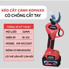 Kéo Cắt Cành Dùng Pin KOMAXX Mở Lưỡi 32mm Chân Pin Phổ Thông 18-21V, Có Chế Độ Chống Cắt Tay Có Thể Bật Tắt