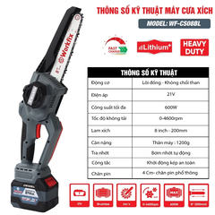 [KÈM XÍCH THAY THẾ] Máy Cưa Xích Pin WORKFIX WF-CS08BL, Công Suất 600w, Chiều Dài Lam Xích 8 inch, Không Chổi Than