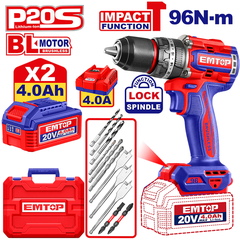 Máy Khoan Pin 13 Ly EMTOP Máy 3 Chức Năng Công Xuất 95Nm ECIDL20968, Động Cơ Không Chổi Than Tặng Kèm Bộ Phụ Kiện 11 Món