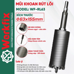 Mũi Khoan Rút Lõi Phi 63 Chui Dài 130mm WORKFIX WF-RL63 63x155m Kèm Chuôi Và Định Tâm