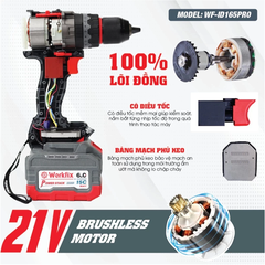 Máy Khoan Pin WORKFIX 13mm WF-ID165PRO, Không Chổi Than Công Suất 165Nm, 3 Chức năng, Có ANTI-KICKBACK + TẠO XUNG