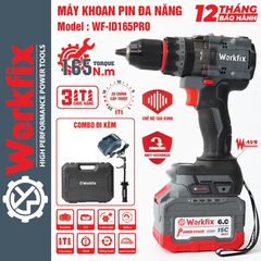 Máy Khoan Pin WORKFIX 13mm WF-ID165PRO, Không Chổi Than Công Suất 165Nm, 3 Chức năng, Có ANTI-KICKBACK + TẠO XUNG