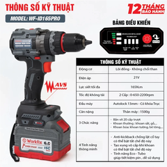 Máy Khoan Pin WORKFIX 13mm WF-ID165PRO, Không Chổi Than Công Suất 165Nm, 3 Chức năng, Có ANTI-KICKBACK + TẠO XUNG