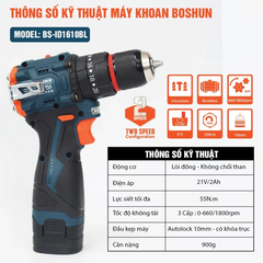 Máy Khoan Pin BOSHUN 10mm BS-ID1610BL, 3 Chức Năng, 20 Cấp Tượt Đầu AUTO LOCK, Nguồn 16.8v, Chuyên Khoan Tường, Sắt, Gỗ