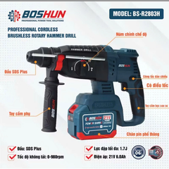 Máy Khoan Bê Tông Pin 3 Chức Năng BOSHUN BS-R2803H Chân pin phổ thông, Lực Đập 1.7J, Đầu SDS PLUS