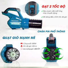 Máy Thổi Bụi / Thổi Lá Dùng Pin BOSHUN BS-RB680M Công Suất Lớn 850W, Điều chỉnh 2 Cấp Tốc Độ, 12 Cánh Quạt Gió