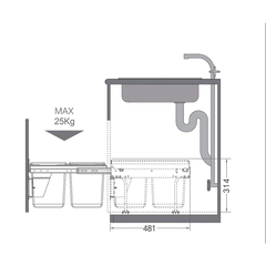 Thùng rác âm tủ Viola 503.39.631 - 2 ngăn 30L - Giảm chấn