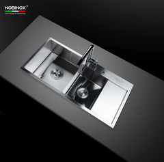 Chậu rửa bát Nobinox Liken NL746 - 2 hố lệch có bàn chờ, Inox Posco