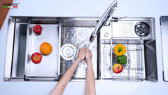 Chậu rửa bát Nobinox Razia NJ577 - 2 hố lệch Size Đại, Tích hợp Xịt cốc