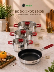 Bộ nồi inox ROSE Arber 4 món inox 304 kèm chảo chống dính