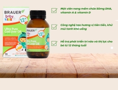 Dầu cá Tuyết bổ sung DHA Brauer Ultra Pure Cod Liver Oil dầu cá cho trẻ từ 1 tuổi dạng 90 viên nang