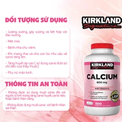 Viên uống chắc khỏe xương Calcium 600mg with Vitamin D3 Kirkland Signature 500 viên