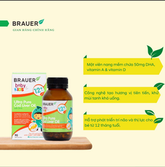 Dầu cá Tuyết bổ sung DHA Brauer Ultra Pure Cod Liver Oil dầu cá cho trẻ từ 1 tuổi dạng 90 viên nang