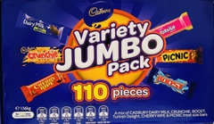 Socola mix Cadbury Variety Jumbo Chocolate Box 1.56kg là tuyển chọn 110 thanh sô cô la thơm ngon, bao gồm các loại được yêu thích phổ biến như Dairy Milk, Crunchie, Cherry Ripe, Turkish Delight, Picnic và Boost