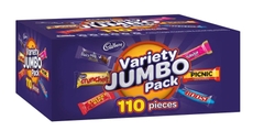 Socola mix Cadbury Variety Jumbo Chocolate Box 1.56kg là tuyển chọn 110 thanh sô cô la thơm ngon, bao gồm các loại được yêu thích phổ biến như Dairy Milk, Crunchie, Cherry Ripe, Turkish Delight, Picnic và Boost