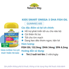 Kẹo dẻo Nature's Way Kids Smart Vita Gummies Omega-3 DHA Fish Oil hỗ trợ sức khoẻ não Và mắt cho bé 60 viên
