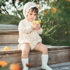 BU Baby (0-12M) Set Body chip dài tay cài giữa, cài sau bèo đáp cổ Siro Jacquard BU Baby KCT2102DC