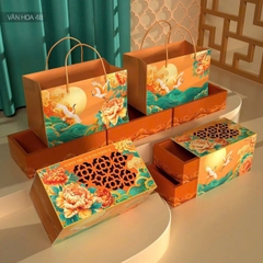 Hộp Giấy - Bánh Trung Thu Quai Xách - 4 Bánh - 4B06 - 4 Bánh Vân Hoa Vàng